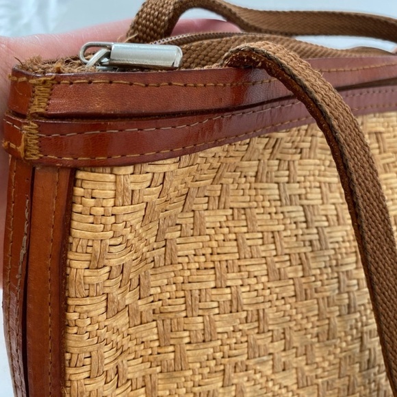 Vintage 80s Woven Straw Leather Trimmed Shoulderbag Brown Tan Double Straps - Picture 8 of 15